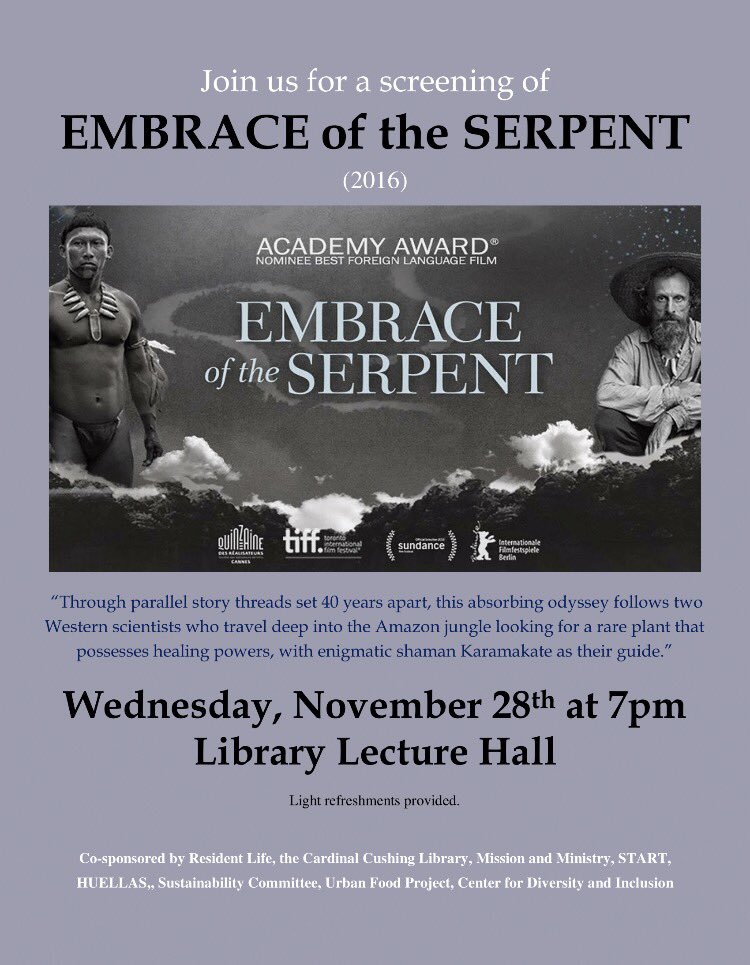 Looking for a study break? Come by the Library Lecture Hall this Wednesday, Novemeber 28th at 7pm for a screening of Embrace of the Serpent! Light refreshments will be provided. Bring a friend or two and join us in watching this Academy Award nominated film!!