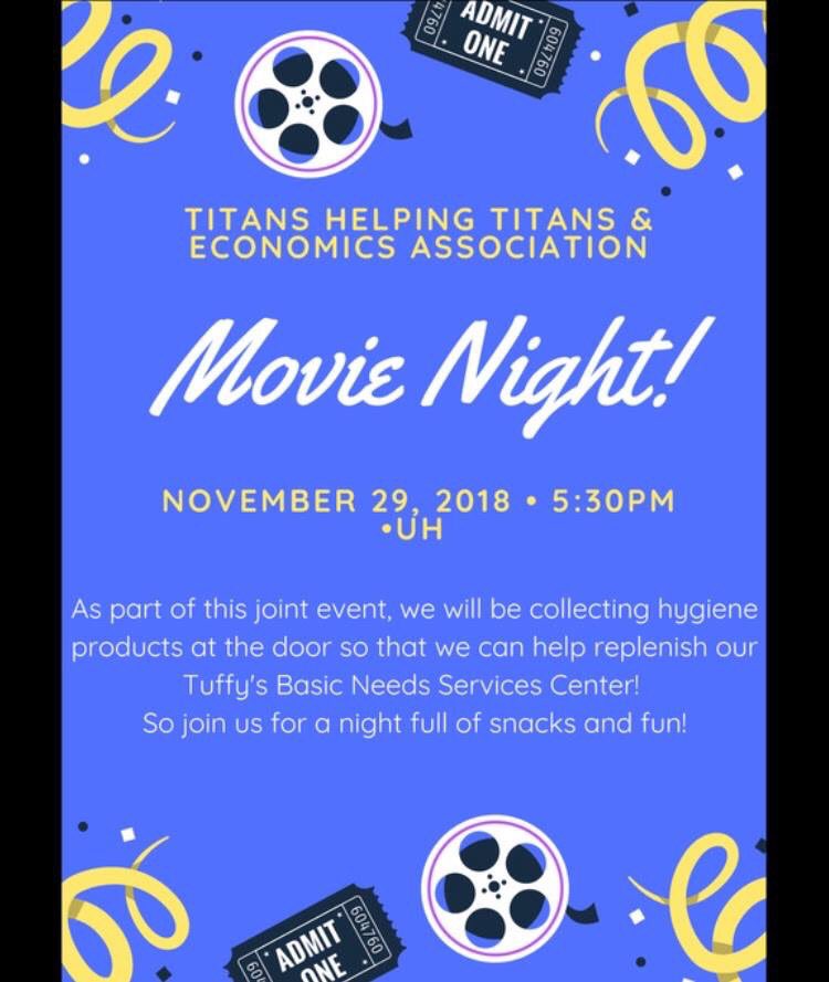 Hello Titans! 
EA is colaborating with the Titans Helping Titans program this Thursday. 
In order to get admitted into the movie please bring a hygiene product (list below of options). Please do not bring any travel size items. Look forward for you guys!
