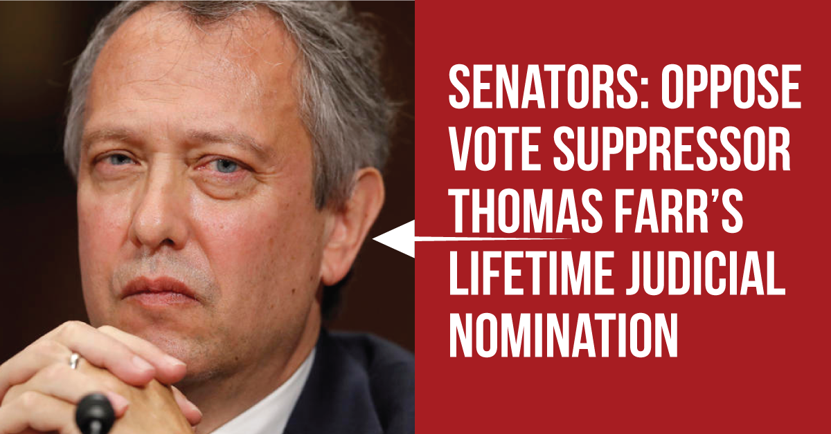 vanitaguptaCR's tweet photo. Jennifer May-Parker. Patricia Timmons-Goodson. Two Black women. Two nominees to the E. District of NC. Both blocked by GOP.
Now Trump wants Thomas Farr, a man with a SHAMEFUL civil rights record, confirmed to the seat.
Call your senators. Demand they vote NO. We must #StopFarr. https://t.co/bCEHdqHcwq