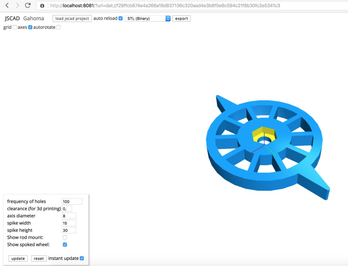 Mark_kaosat_dev's tweet image. so so happy ! finally took a few hours to hack up experimental @dat_project support for opening @openjscad designs in @BeakerBrowser ! (look at the address bar , that is a dat uri !)
this is for the pre-pre-pre alpha of jscad V2 and barebones, but this is fantastic !