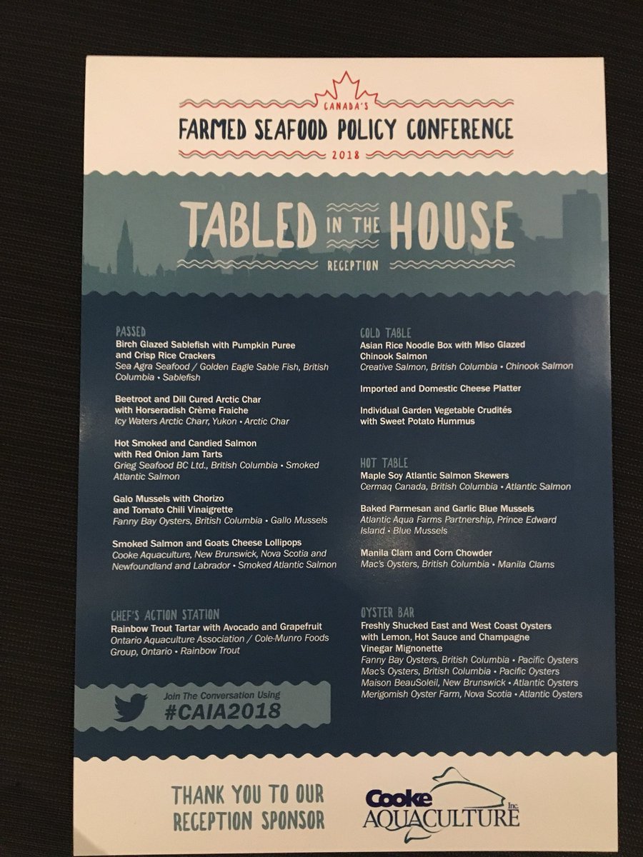 annaludlowmusic's tweet photo. And this the #menu at the #farmedseafoodpolicyconference #CAIA2018 I am playing #fiddle for this great crowd at the Sir John A. MacDonald building in #ottawa tonight! Thanks for having me and my fiddle! https://t.co/SmImPzaUPR