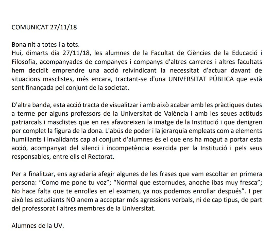 alumnat's tweet photo. COMUNICAT CONTRA L'ASSETJAMENT A LA UV https://t.co/DtZc2PkBAX