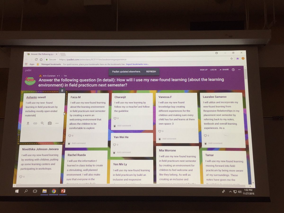 arincunanan's tweet photo. Need to assess student learning? @padlet is an amazing way to do so! I posed a question and the students were able to answer it on a live feed! Think of it as a classroom Twitter! They collaborated with each other, and can use these points for future discussion #humberece #ECE https://t.co/gVDLmuzQlp