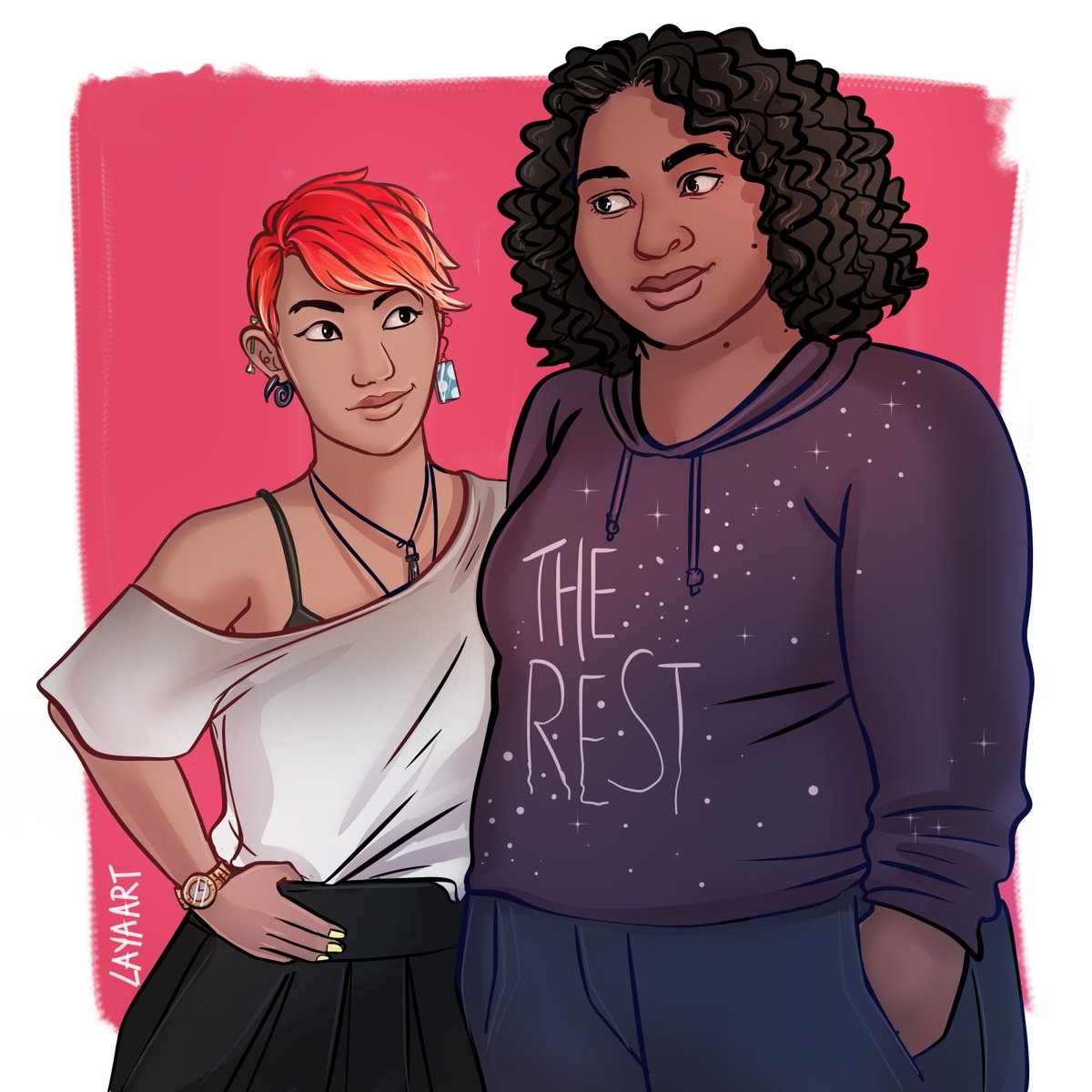 Hannah is a short Korean girl with a bright red pixie cut, a white shirt off the shoulder and black skirt and hand on her hip. Laila is tall, and wearing a purple hoodie with stars and 'the rest' on it, and jeans. she has slightly darker skin and black curly hair.