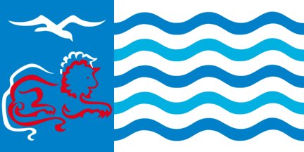32: LIONS BAY (5.75 points)- The red is jarring, and the contrast with the second lion is weird- Transition from the blue background on the left to the white for the other two panels is also not great- We're now fully into flags everyone on our team was OK with!