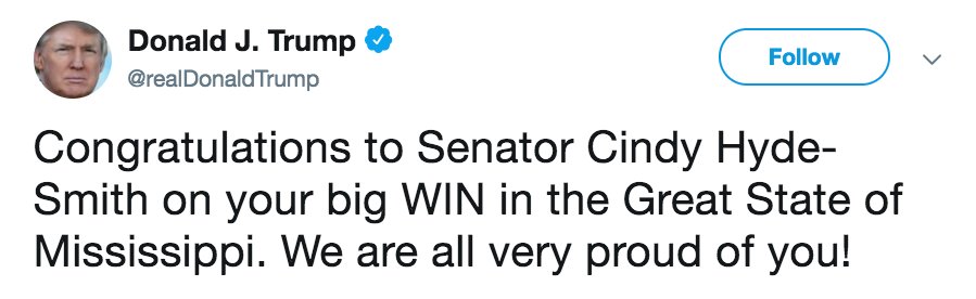 MORE: Pres. Trump tweets congratulations to Sen. Cindy Hyde-Smith: "We are all very proud of you!" https://abcn.ws/2E1j7pR