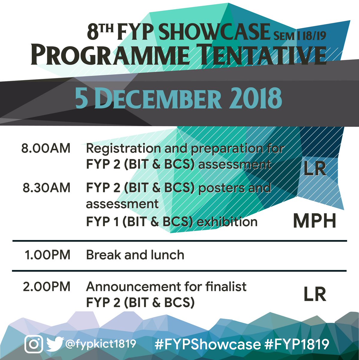 kictfypshowcase's tweet photo. Are you ready for the 8th fyp showcase that will be held next week? 😉
Don't forget to come and support your friends on the following dates: 📅4 - 6 DECEMBER 2018
Here we provide the tentative of the programme. See you there!
#kictiium
#fypshowcase
#fypkict1819
#iiumgombak https://t.co/8klwAk5NXJ