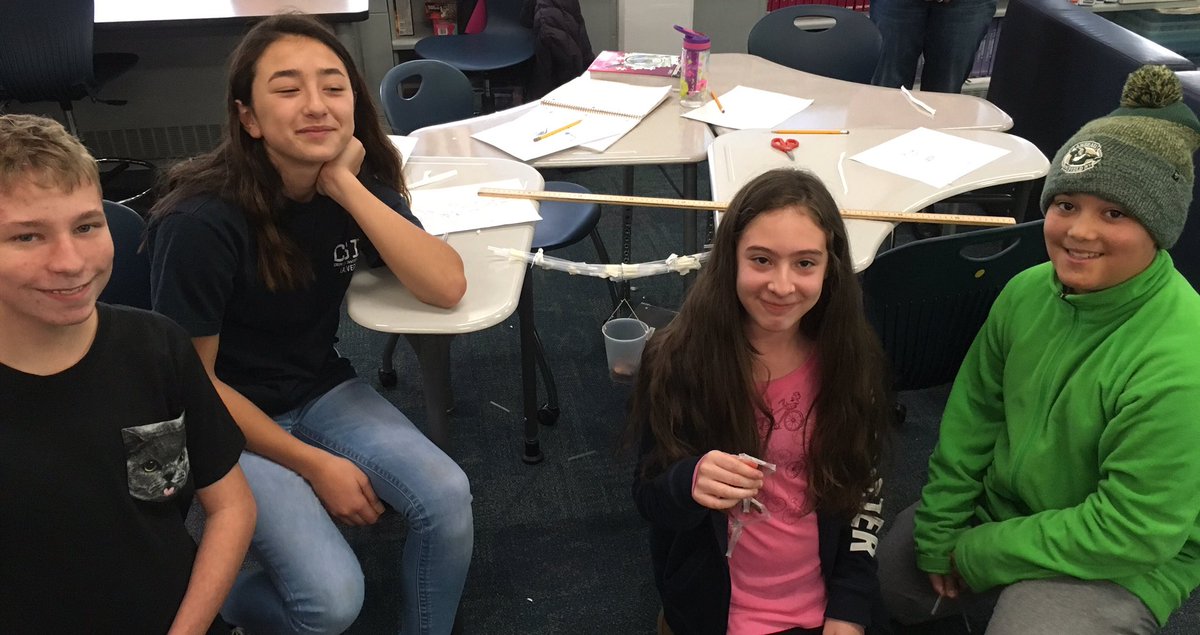 BrianKimmel6's tweet photo. Stem Challenge #6 today. Make a bridge out of straws, 2 feet of tape, &amp; span a distance of at least 25cm. Must hold the weight of 100 pennies. Pictures of the winners of hours 2, 3, and 5. Winning distance 110 cm!                #stemchallenge #mathisfun @WhitmanTosa @tosaschools https://t.co/3I3xkRCVWi