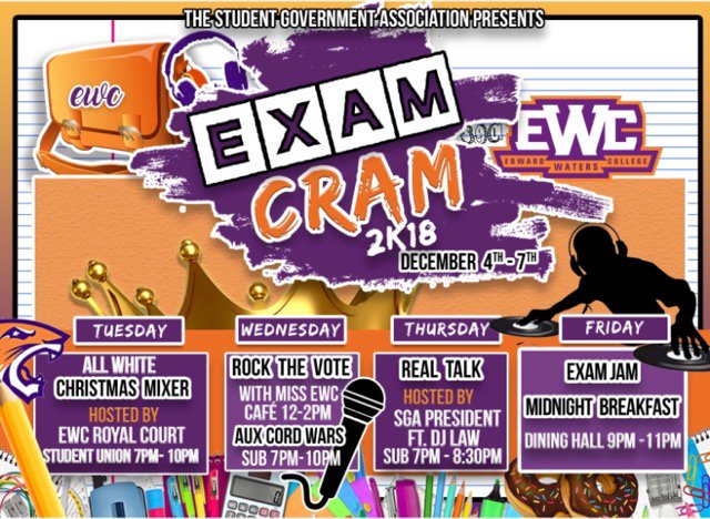 MillennialPrez1's tweet photo. @EdwardWatersSGA Presents: EWC Exam Cram 2k18! Let's FINISH STRONG my @ewctigers scholars! Study hard! Work smartly! Execute &amp; WIN on your final semester exams! #EWC #TigerPride #EmergingEminence #TigerNation #EWCIsMyHBCU #EdwardWatersIsRising #LetsGetIt https://t.co/t0bARJeXPj