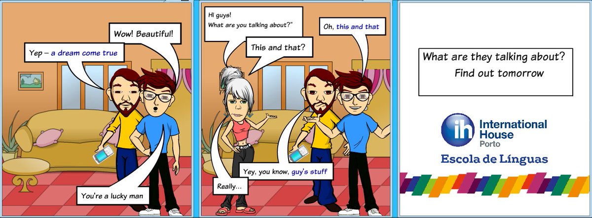 IH_Porto's tweet photo. Gabriel and Jorge are having a conversation about something they’re looking at on their phone when Sarah walks in. What could they be looking at? Leave us a comment below with your thoughts and come back tomorrow to find out.
#ihporto #ihtoons https://t.co/QLI7NAJ5eE