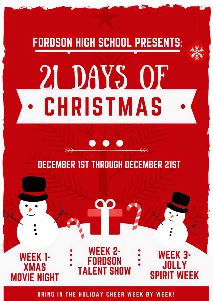 FordsonAsOne's tweet photo. Get into the holiday spirit everybody! Save these dates as we count down to the last day before break!🎄🎅🏼

• December 7th- Movie Night 
• December 14th- Talent Show 
• Week of the 21st- Xmas Spirit Week (themes TBA) https://t.co/q6SxgiV7n8