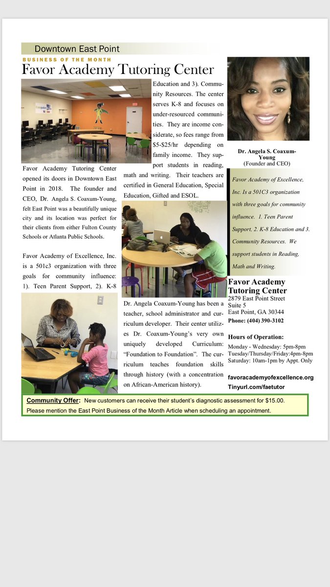 FavorAcademy's tweet photo. We are excited to announce our Favor Academy Tutoring Center has been voted East Point Business of the Month! Check out our write up in the city newsletter! #GotFAE https://t.co/MOtZt3IOaQ