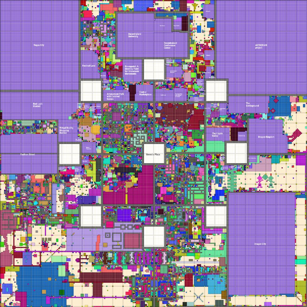 DCLBlogger's tweet image. Epic #Decentraland Map showing spread of land ownership straight after 1st land auction in Jan, (changed a lot since).
Each color = different owner/address.
Each purple block = district, (project).
cream color = unsold, will be for sale in 2nd auction

#crypto #ethtrader #mana