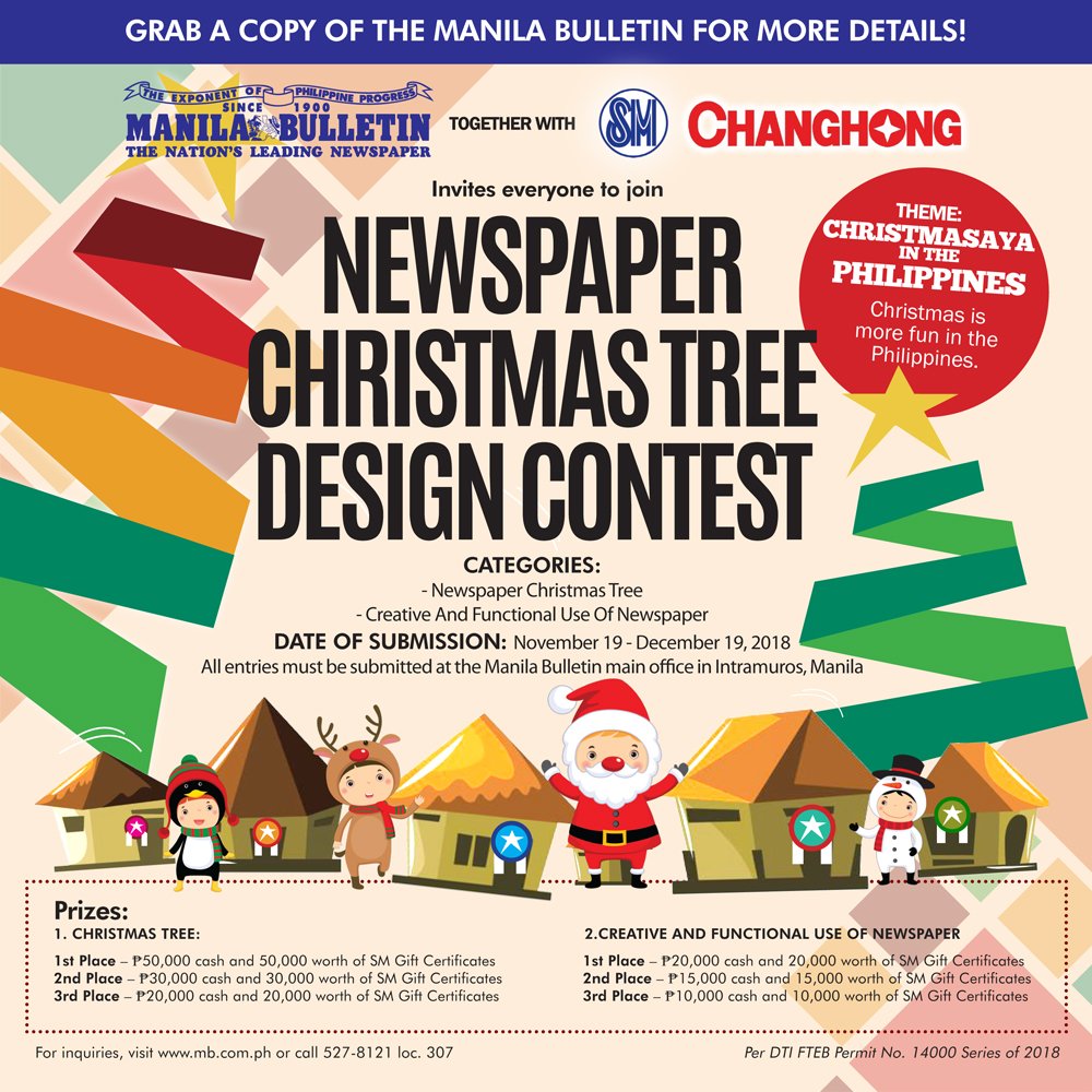 manilabulletin's tweet photo. Christmas is coming!🎄

We're inviting everyone to join this year’s Newspaper Christmas Tree Design Contest with the theme “Chrismasaya in the Philippines – Christmas is More Fun in the Philippines.”

Grab a copy of the Manila Bulletin for the full mechanics on how you can join. https://t.co/mw4VRffkT4