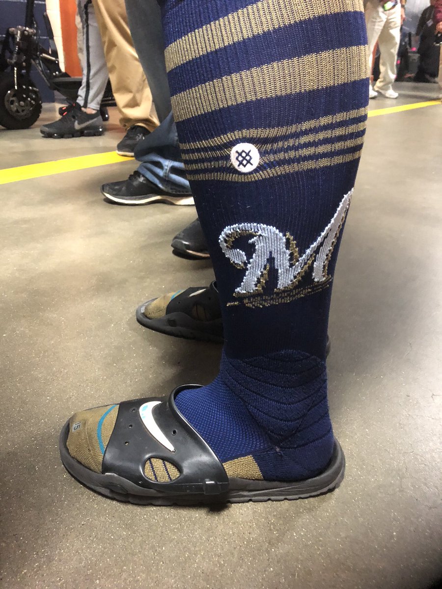 These are <a href="/ErikKratz31/">Erik Kratz</a> shower shoes. He’s had them since college.  After finalizing his 1 year deal with the <a href="/Brewers/">Milwaukee Brewers</a> today, they will see another year of the finest <a href="/MLB/">MLB</a> clubhouse showers.  Congrats Erik.  You deserve a new pair of sandals. #turkeybacon #brewers #38isjustanumber