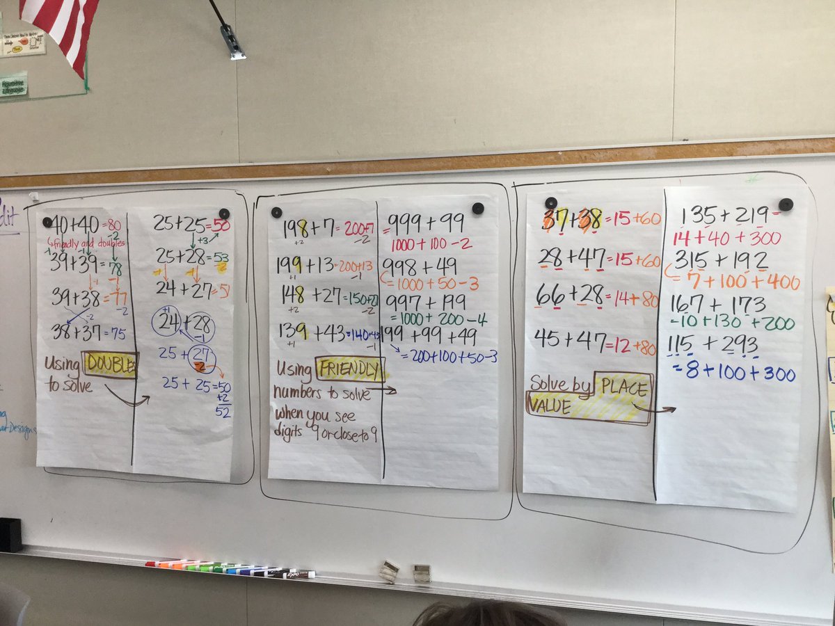 donnaschung's tweet photo. #numbertalk with @mmoneydmusd and #mrschung4th about how equations can reveal a relationship amongst numbers when adding. Then students map relationships they see in groups of 3, referring to the chart we created together. https://t.co/xgqPTcPR94