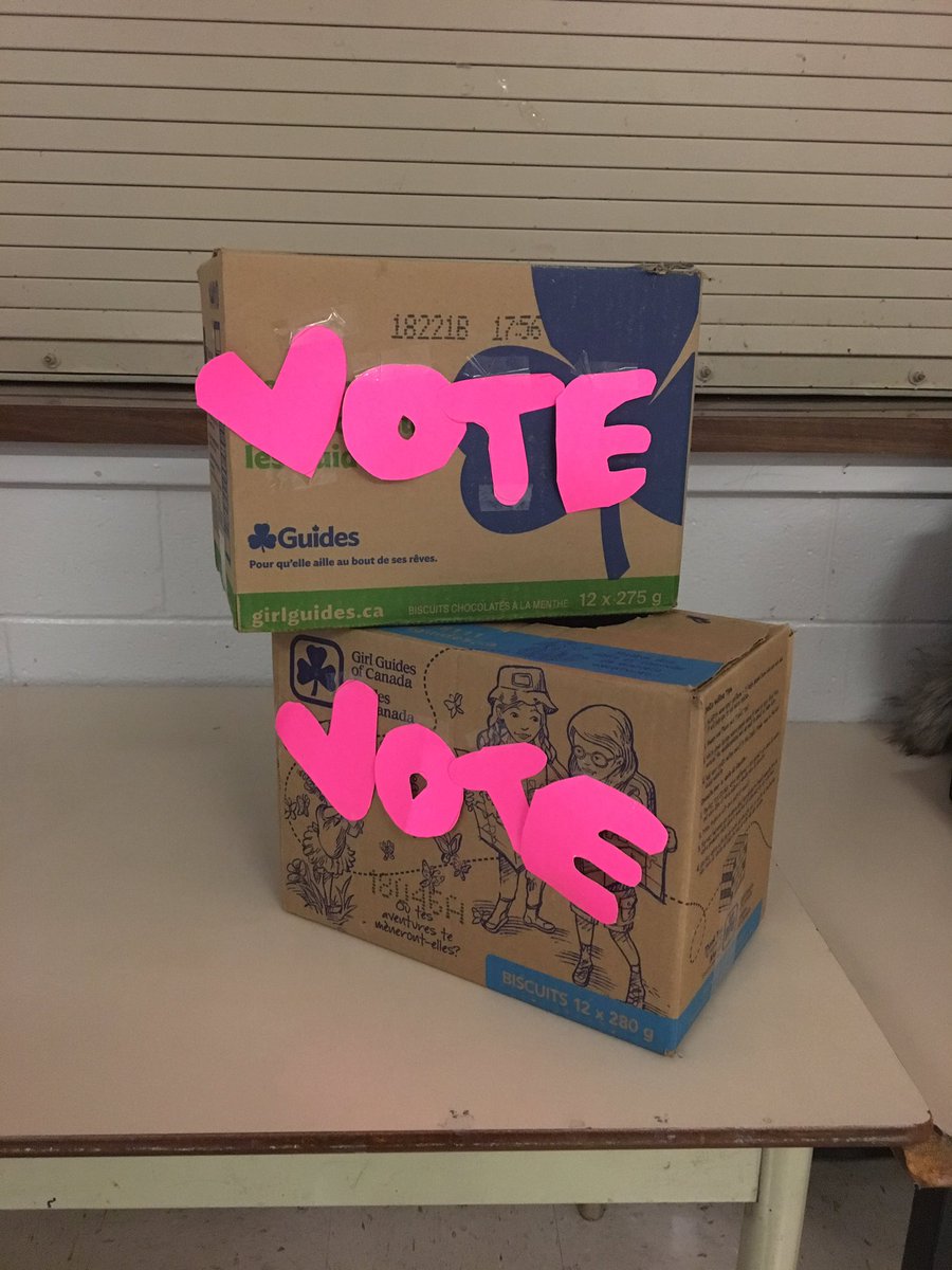 lisamwoodrow's tweet photo. Tonight at Pathfinders my girls held elections. They created a position for each person and had vote with ballots, ballot boxes, and acceptance speeches. So awesome to see girls excited about politics! #girlguidecookieboxes #girlsinpolitics #proudguider @girlguidesofcan @GGCNL https://t.co/nyzHZaIu8D