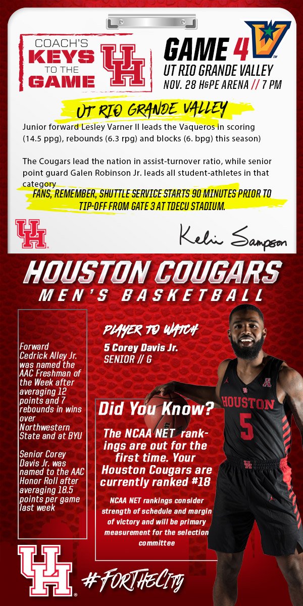 Houston Athletics (@uhcougars) on Twitter photo Headed to the game tonight? Check out <a href="/UHCougarMBK/">Houston Men's Hoops 🏀 🐾</a> 's Keys to the game!
#ForTheCity Headed to the game tonight? Check out <a href="/UHCougarMBK/">Houston Men's Hoops 🏀 🐾</a> 's Keys to the game!
#ForTheCity