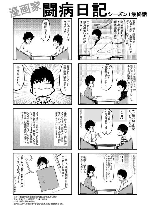 漫画家闘病日記第57話 シーズン1最終回!!
骨巨細胞種の肺転移は、消えてしまう事もあるらしく、僕の場合が正にそれで無事に事なきを得ました。
そしてここから病状が安定するので一旦お仕舞です。
次回は2015年の9月から闘病再開になります!どうぞよろしく!!
#漫画家闘病日記 #骨巨細胞種 