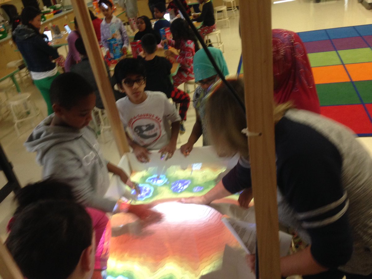 CPtechclass's tweet photo. 4th graders using our Augmented Reality Sandbox to each create realtime water shed, water runoff and natural drainage while observing these elements interact with various landforms they also built with our unique STEM tool. #CPstem https://t.co/7tFIolEYjE
