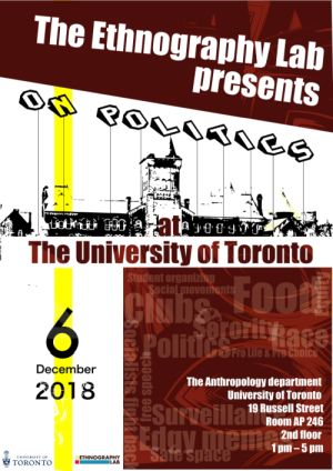 EthnographyLab's tweet photo. Come listen to a group of talented students share their original #ethnography about politics and the university! 

Conference is Dec 6, 1-5pm, 19 Russell Street Toronto, room 246. Everyone welcome! Come for an hour, come for the full conference!
https://t.co/61IaVVfQT9 https://t.co/vPIyZRboJd