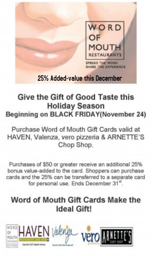 ValenzaItalian's tweet photo. Give the gift of a WOM Gift Card this holiday season! Enjoy 25% added value on gift card purchase now through the month of December. https://t.co/jvzdln6I5U