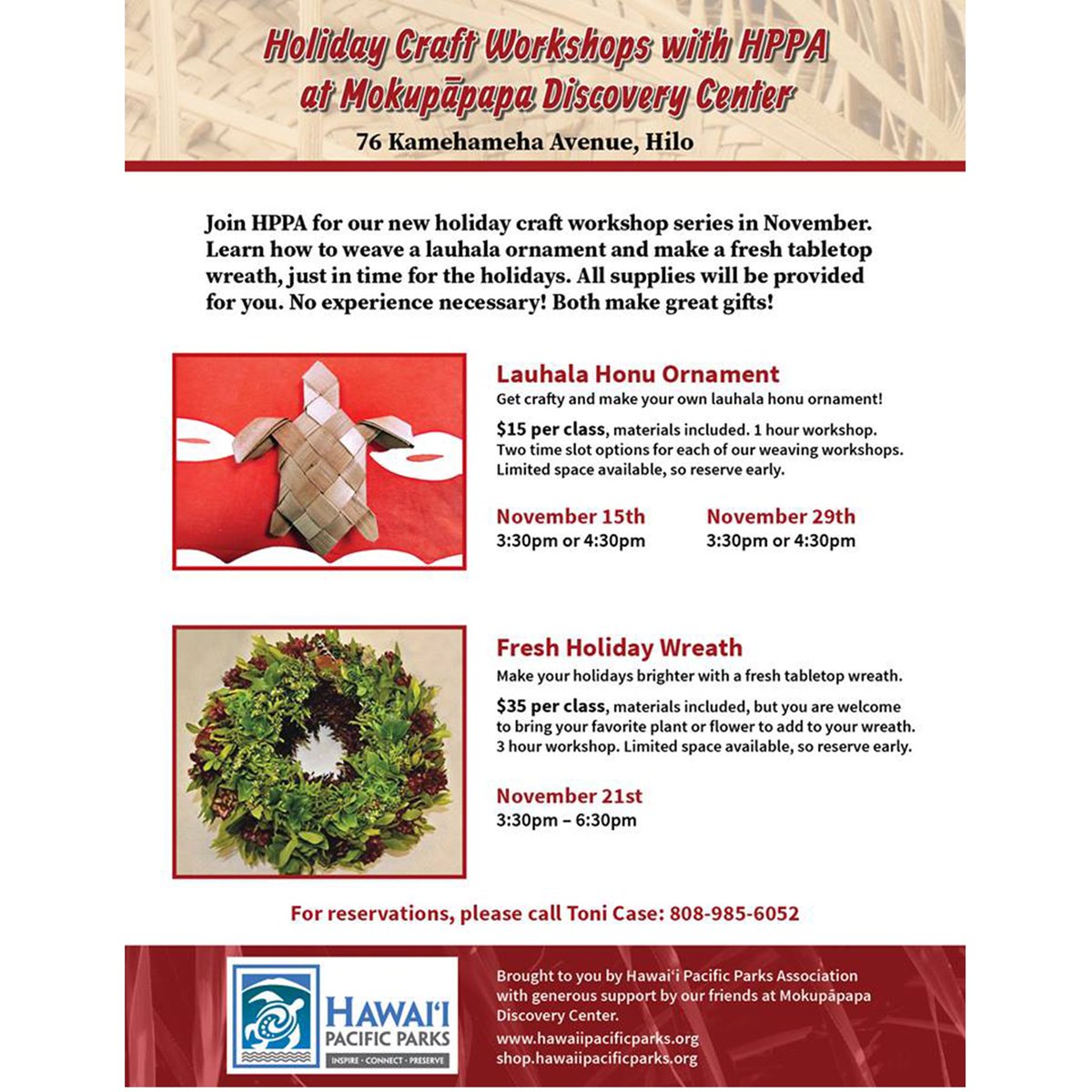 HIPacParks's tweet photo. The wreaths certainly turned out beautifully at our last wreath-making workshop, golly. Remember: there is 1 more lauhala ornament workshop this month—make sure to put it on your calendar, virtual or paper.
#workshops #holidayworkshops #HiloTown #lauhalaornaments #HPPA #MDC https://t.co/13jpJwwFOm