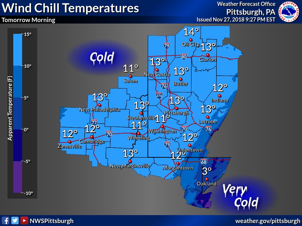 Oh boy, that is cold. Here is the wind chill temperatures tomorrow morning. With gusty winds, temperatures in the ridges will feel close to below zero.