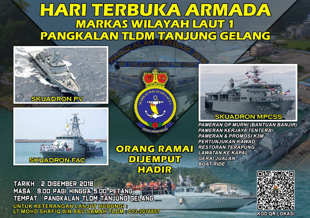 Save the date!!!
2 Dis 18. Hari Terbuka Armada <a href="/Mawilla_1/">MAWILLA 1</a>. Pelbagai aktiviti menarik menanti anda. Jumpa anda disana!!
#NavyPeople
#HTAMAWILLA1 
<a href="/tldm_rasmi/">Royal Malaysian Navy</a> <a href="/MPA_Barat/">HQ Western Fleet</a> <a href="/mykamarul/">Kamarul</a> <a href="/reza_azeranil63/">reza</a> <a href="/shakirsalleh1/">shakirsalleh</a>