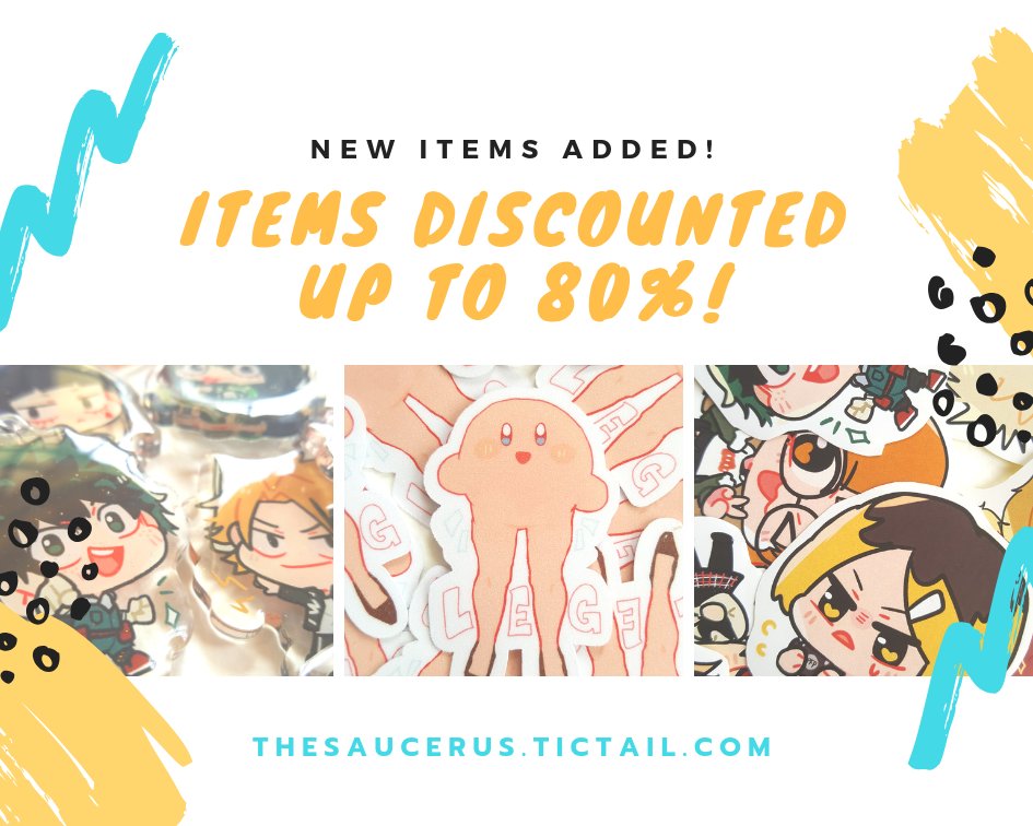 『RT TO JOIN ?see pic 3』
#bnha , #P5 charms, #kirby leg stickers and more are up on my store! Discounted merch won't be restocked once sold out. https://t.co/cOAoeO7FoE 

All orders from now till 4/12 will receive a random sticker!  ✨✨ 