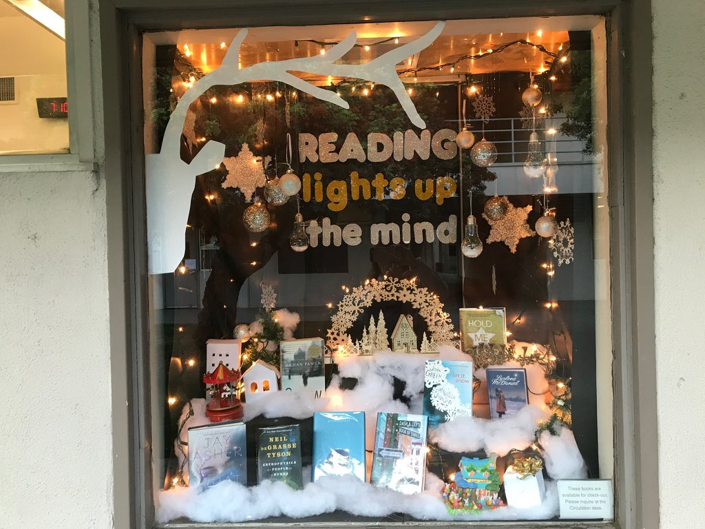 sueheraper's tweet image. A2:  Last December we used holiday decorations for a Reading Lights Up the Mind display. #calibchat