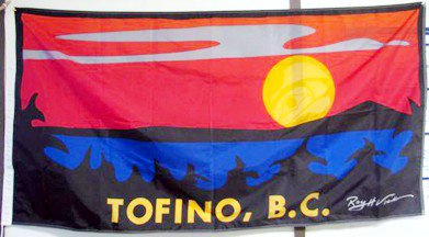 38: TOFINO (5.42)- This screams Tofino- Very nice postcard design, or for hanging in your van! Not really a flag tho- Still, fun colours and fairly unique design- Get rid of the name- Also get rid of the signature, FLAGS DO NOT HAVE SIGNATURES