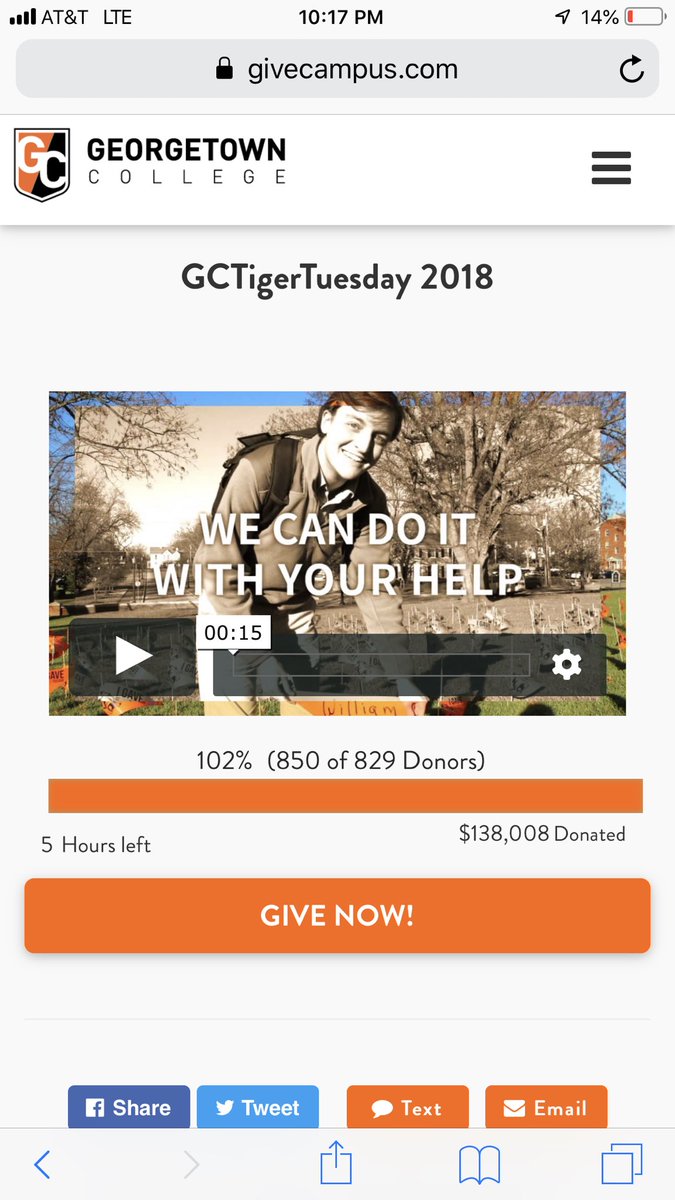 GtownCollege's tweet photo. Remember that goal we had? 829 donors... Well... we just blew right past it!! 850 people have given a gift to GC, and the day isnโt over yet!! Letโs keep this going! Give now at https://t.co/j09bTXzplV #givingtuesday #givingtuesday2018 #gctigertuesday https://t.co/N3N18wejOa