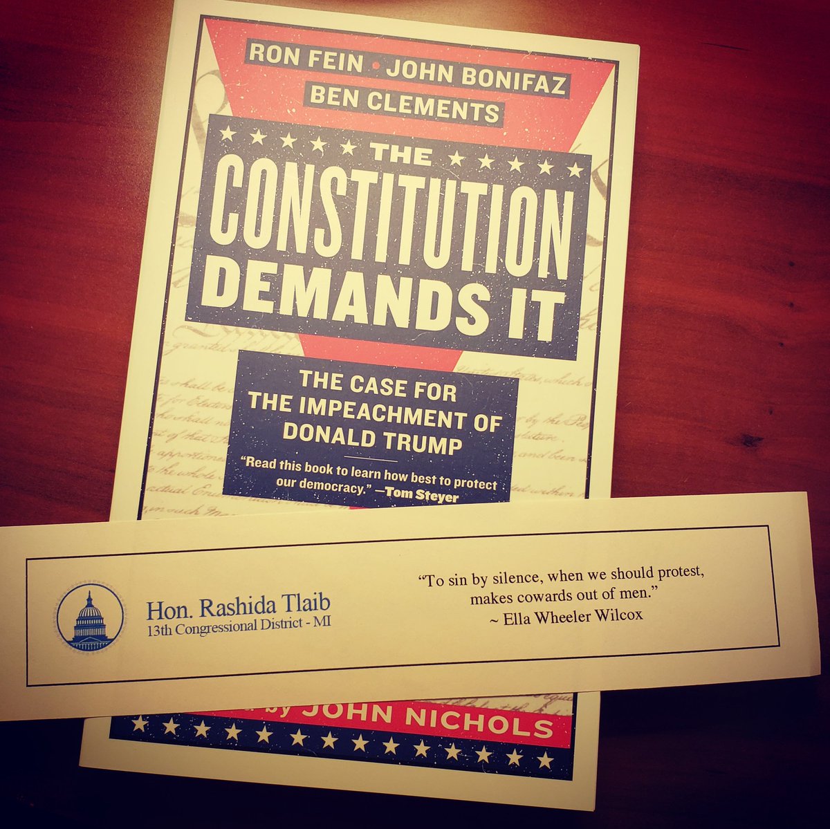 RashidaTlaib's tweet image. This was my gift to my new member class. 

"To sin by silence, when we should protest, makes cowards out of men." - from Ella Wheeler Wilcox's poem Protest. 

I am making sure we know our power in Congress to hold corrupt elected officials accountable.