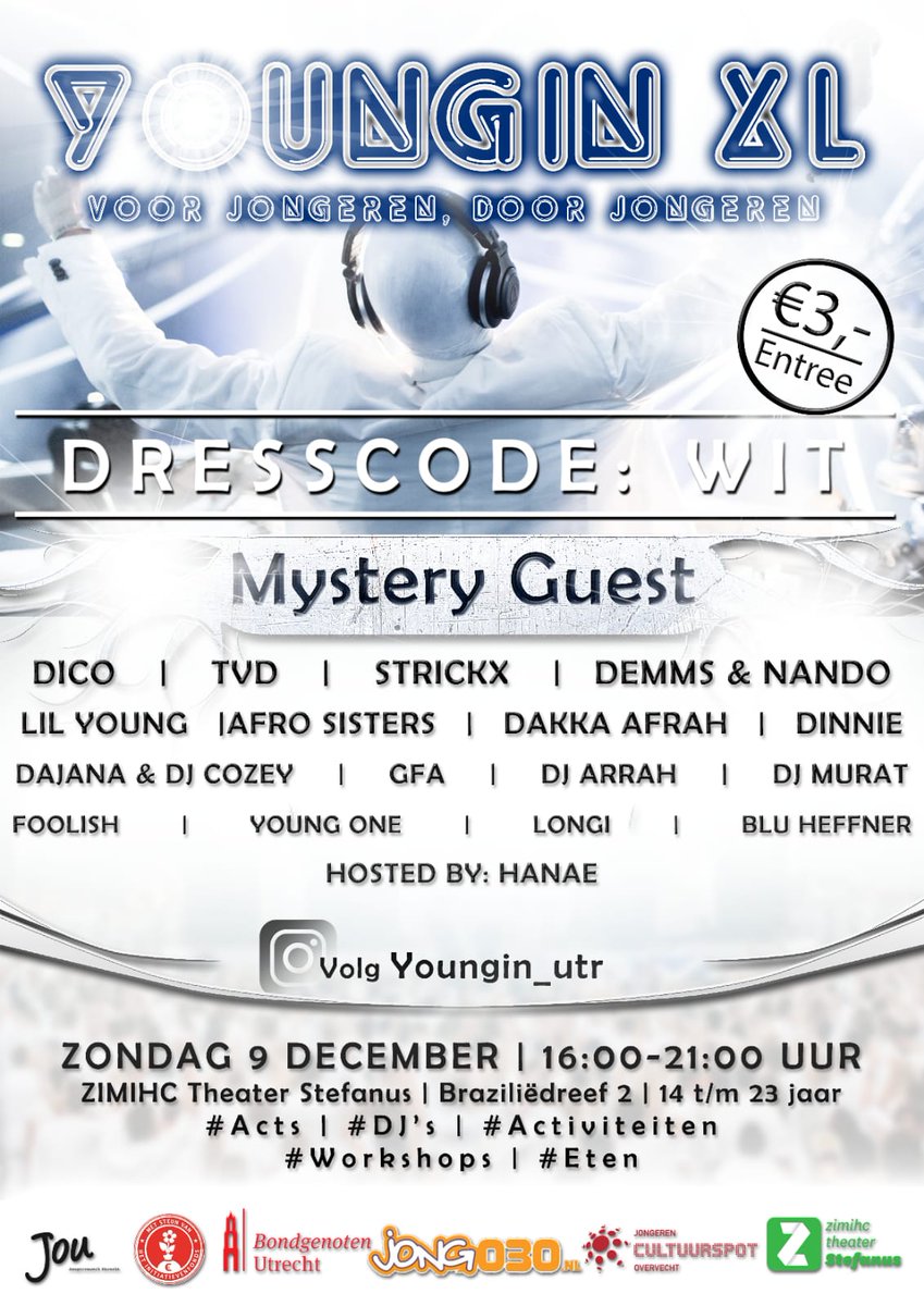 Ben je tussen de 14 en 23 dan mag je Youngin XL op 9 december niet missen. Georganiseerd voor en door jongeren uit Overvecht. Artiesten, DJ’s en acts en om het af te maken komt Equalz live on stage! zimihc.nl/spotlights/ste… @jong030