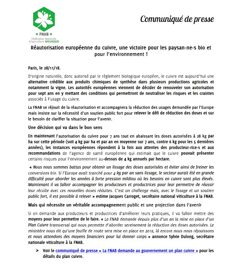 #cuivre : la réautorisation européenne est une victoire pour les paysan-ne-s bio et pour l'environnement ! Cette décision va dans le bon sens (lissage) mais nécessite un véritable accompagnement public et une projection dans l’avenir #plancuivre CP > fnab.org/images/files/c…