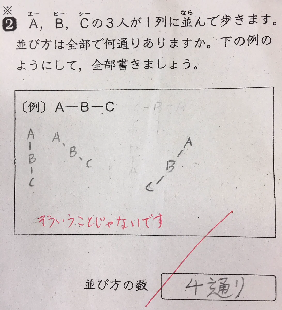「３人が１列に並ぶ並び方は何通り？」に対して小学生が出した答えが斜め上ｗｗｗ