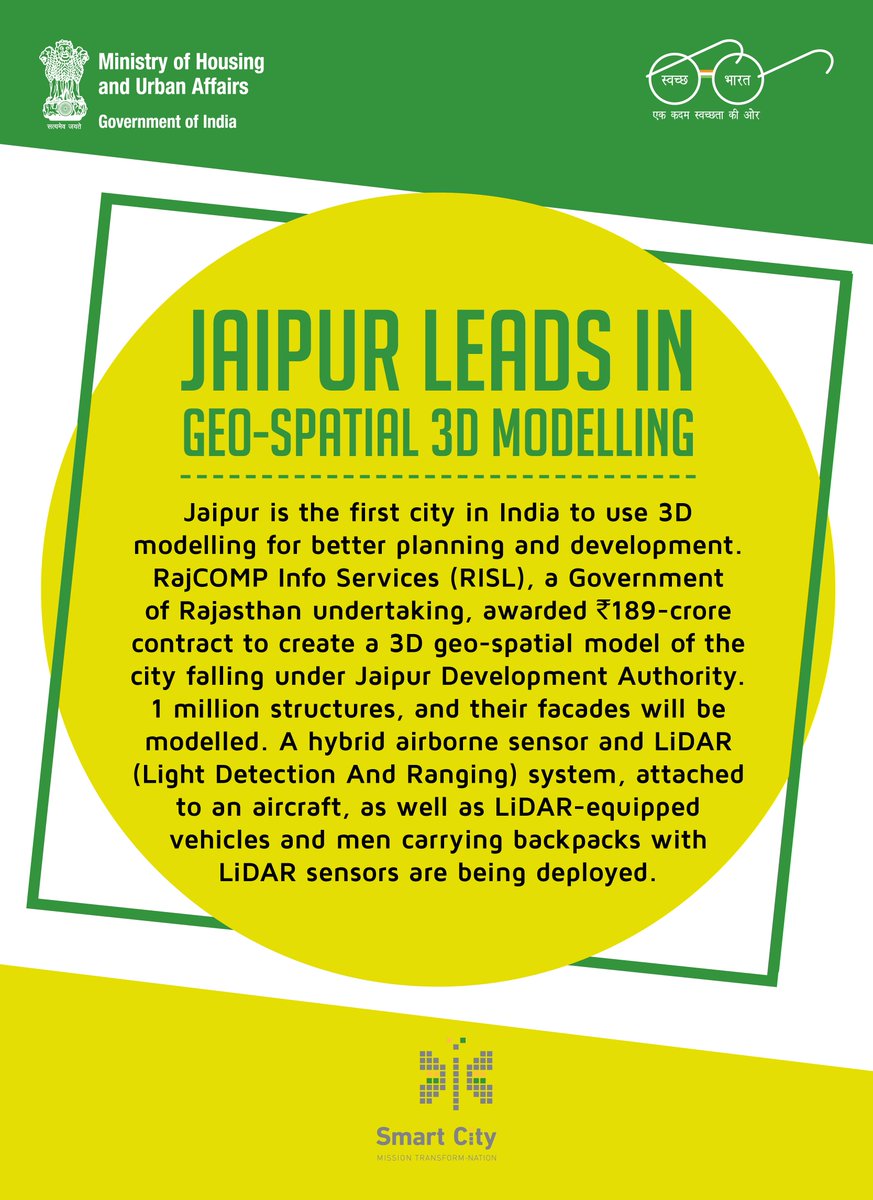 SmartCities_HUA's tweet photo. Jaipur is the first city in India to use 3D modelling for better planning and development, under the #SmartCities Mission. RISL awarded ₹189 crore contract to create a 3D geo-spatial model of the city falling under Jaipur Development Authority.
#TransformNation https://t.co/lvY4hqQMRP