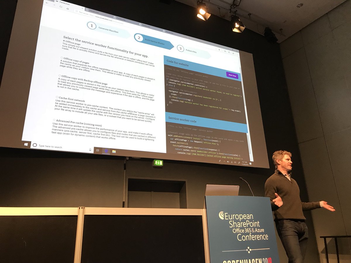 donasarkar's tweet photo. How to build a PWA from a website: 
1. https://t.co/0TPf5QqGcz 
2. Generate manifest (modify the auto generated one)
3. Build service worker (do Cache-First network)
4. Publish manifest 
5. Save script &amp; run in Powershell 
6. Tada! #ESPC18 https://t.co/g0ptaQmIIy