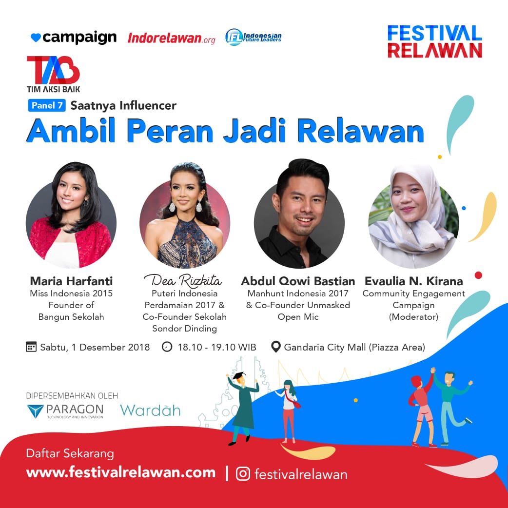 Empat panel terakhir di Festival Relawan 2018. Gimana Leaders? Pasti seru kan semua panelnya? Jangan lupa datang yah!! 🎉