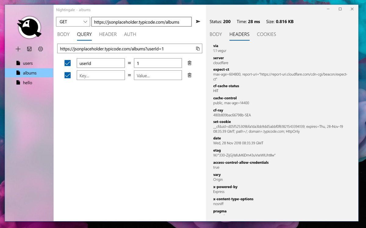 NightingaleUWP's tweet image. New minor update incoming for Nightingale. Response headers and cookies are now available. Other UI tweaks included as well. Download now! 

microsoft.com/en-us/p/nighti…

#restapi #restclient #webapi #webdevelopment #webdev #programming #postman #windows10 #uwp #windowsdev #api