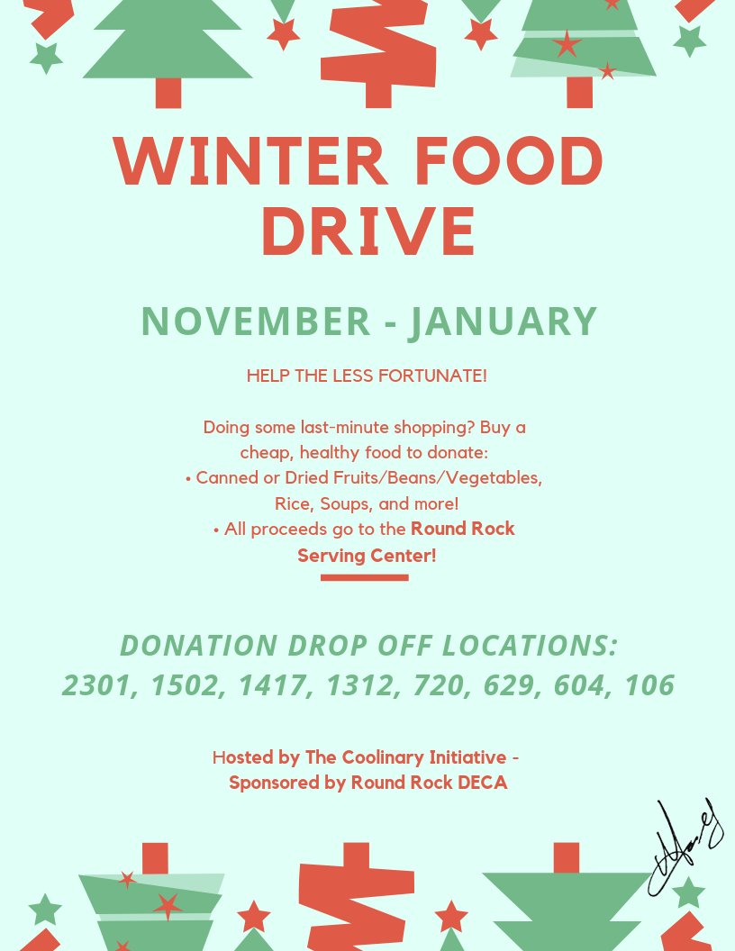 LeBrandonT's tweet photo. To help the RR Serving Center and bring awareness to healthy eating, RRHS DECA is hosting a WINTER FOOD DRIVE! From now until January, anyone who attends RRHS can bring a healthy non-perishable to our drop off boxes at the school. Check out the flyer for more info. Thank you! https://t.co/FXa9NnHgtZ