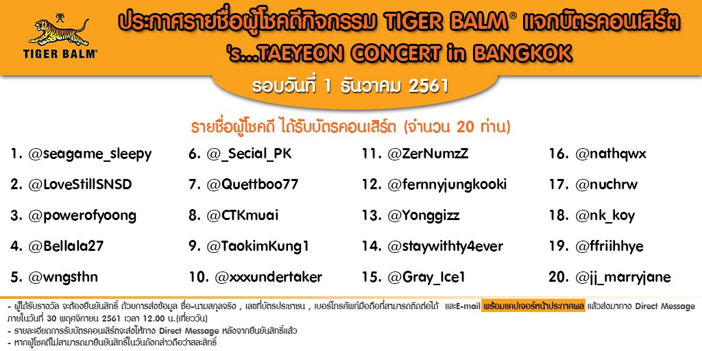 TigerBalmTH's tweet photo. ประกาศผลผู้โชคดีจากกิจกรรม Tiger Balm แจกบัตรคอนเสิร์ต 's...TAEYEON CONCERT in BANGKOK รับบัตรคอนเสิร์ตจำนวน 40 รางวัล รางวัลละ 1 ใบ ผู้โชคดีต้องมารายงานตัวทาง DM พร้อมแคปเจอร์ภาพประกาศผล เข้ามาภายใน วันที่ 30 พ.ย. 61 เวลา 12.30 น.(เที่ยงวัน) ไม่งั้นจะถือว่าสละสิทธิ์ค่ะ https://t.co/7EK31dTpq1