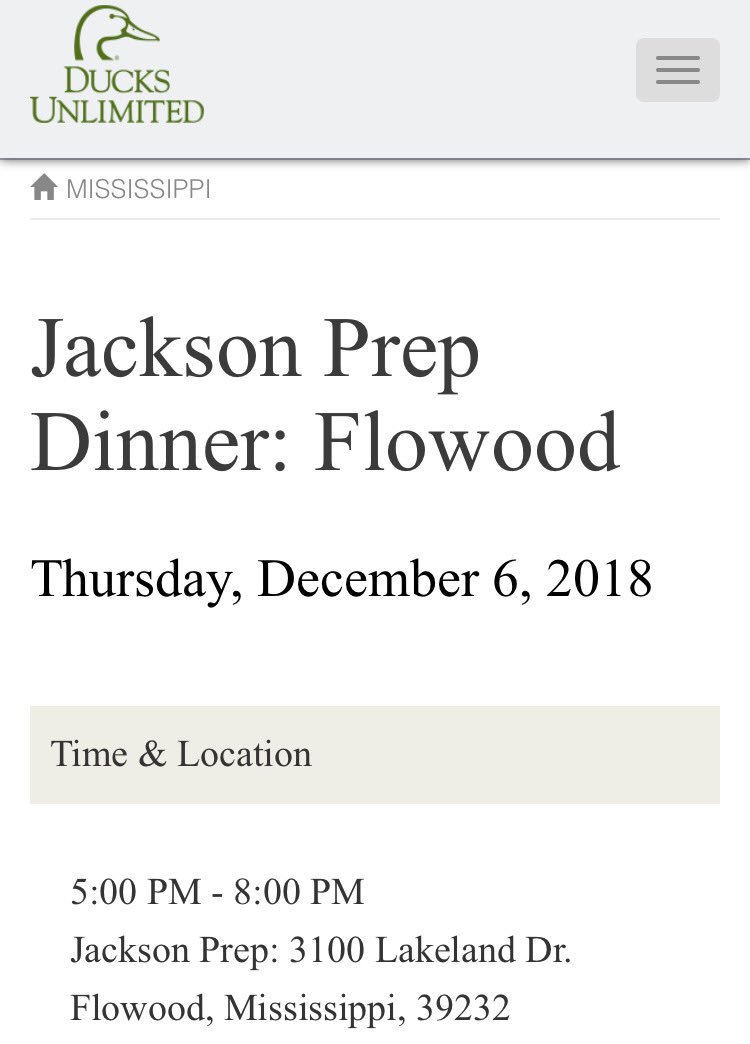 <a href="/jacksonprep/">Jackson Preparatory School</a> is in the 3rd year of our DU Chapter. Click the link to get tickets and support our chapter. All proceeds go to <a href="/DucksUnlimited/">Ducks Unlimited</a>. A ticket gets you in the banquet, dinner and a annual membership. The banquet is always fun.  ducks.org/mississippi/ev…