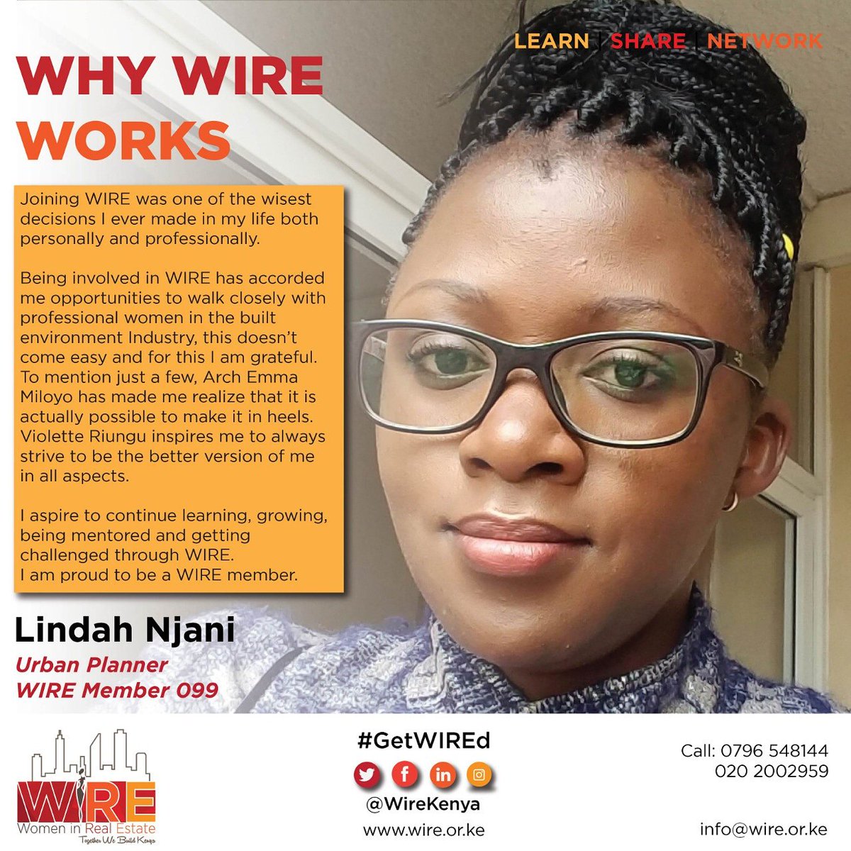 wirekenya's tweet photo. 'Joining WIRE was one of the wisest decisions I ever made in my life. Being involved in WIRE has accorded me opportunities to walk closely with professional women in the built environment. To mention a few @EmmaMiloyo and @RiunguNkatha inspire me to be the better version of me.' https://t.co/XYeQz7va5R