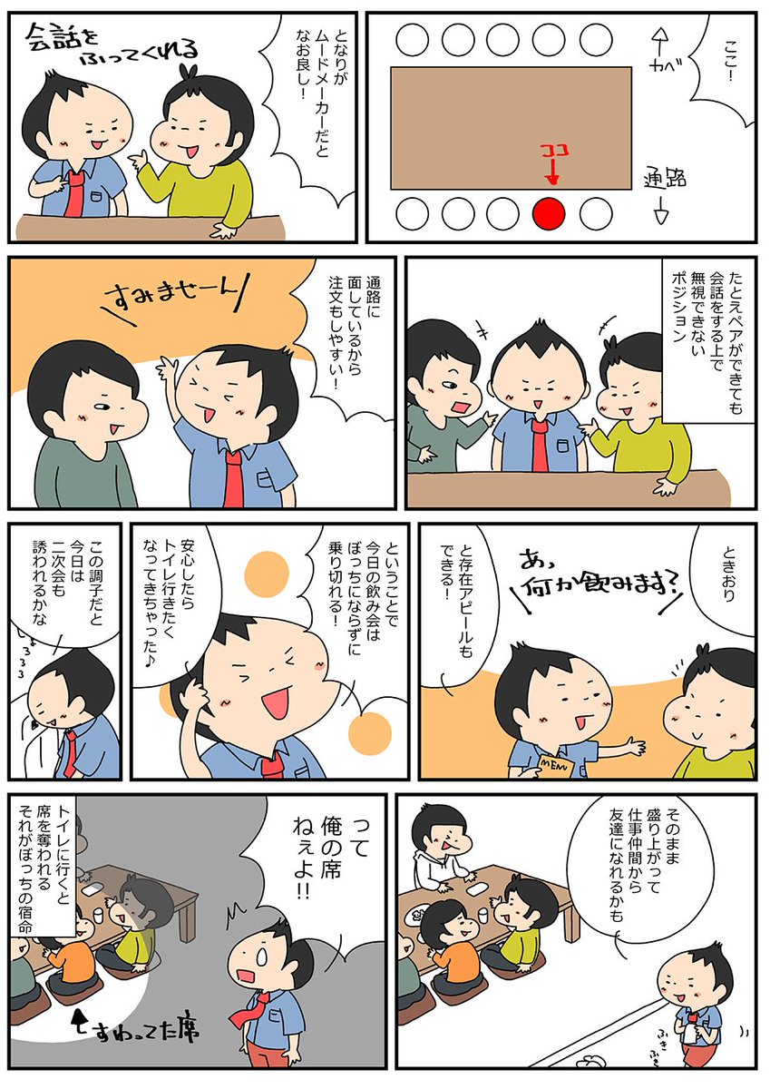 忘年会の季節なので昔描いた飲み会ぼっちマンガ置いておきますね。
昔描いたやつだから今見るとクオリティが…。。。 