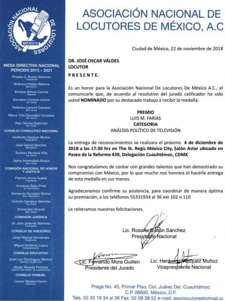 @drjoseoscarv distinción a una trayectoria impecable #AsociaciónNacionalDeLocutoresDeMéxicoAC #PreseaLuisMFarias #AnálisisPolíticoDeTelevisión #FiscalGeneralCiudadano @lopezobrador_ @Julio_Menchaca @RicardoMonrealA @martibatres  @JScherer_Ibarra @PMunozLedo  @senadomexicano