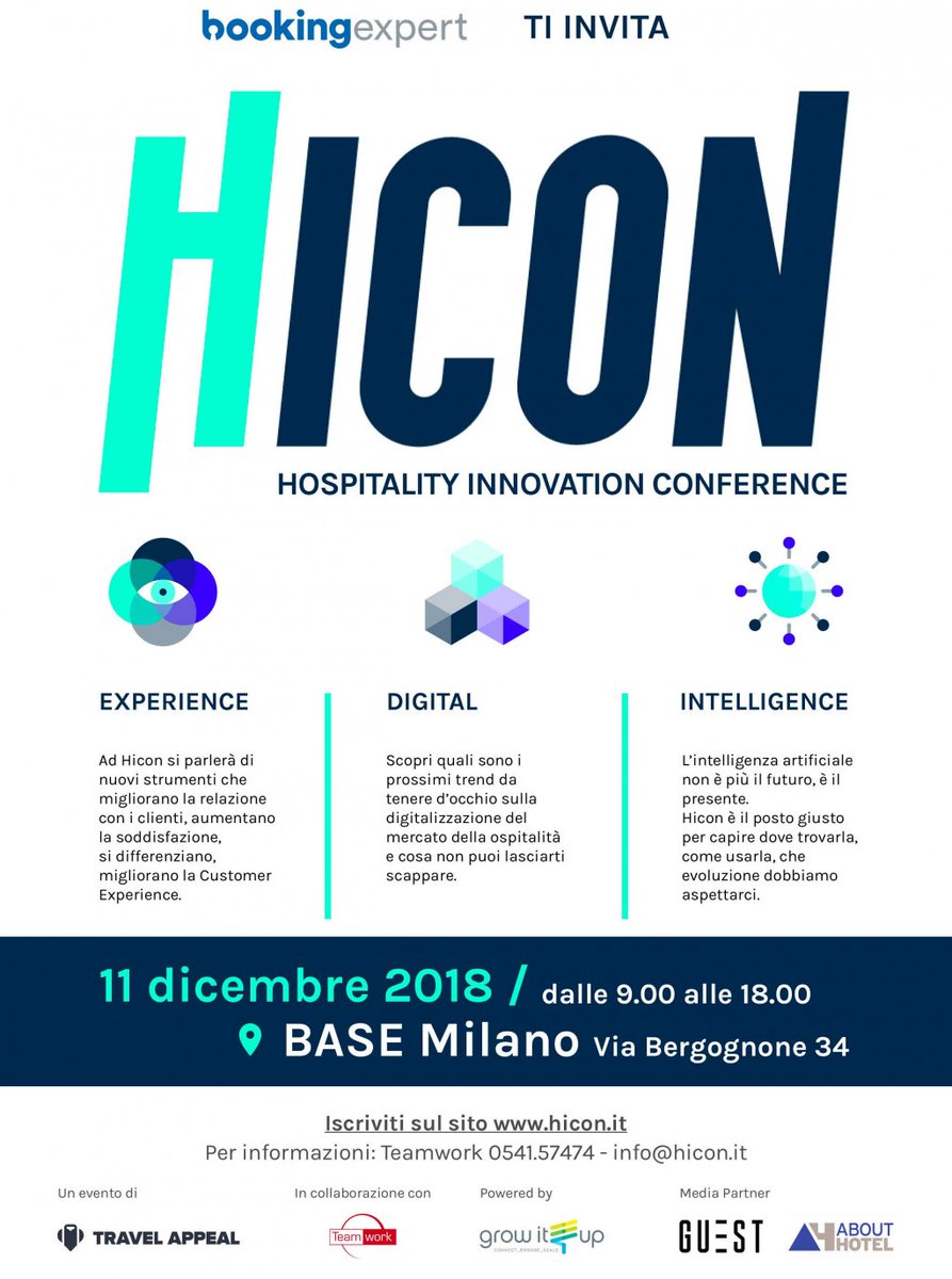 BookingExpertIT's tweet photo. Saremo a #HICON - Hospitality Innovation Conference, evento dedicato alle più avanzate tecnologie #Hospitality. Ti aspettiamo! 👉 11.12.18 - @base_milano organizzato da @travelappeal powered by @growITup in collaborazione con @teamworkrimini https://t.co/bL0ls9Mrxs #BookingExpert https://t.co/aL2xNcaKrt