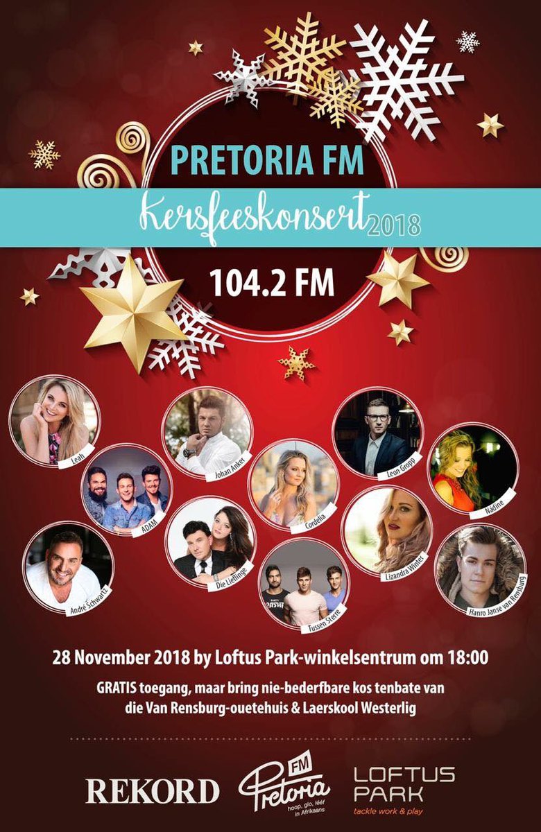 Onthou vanaand se Kerskonsert deur <a href="/PretoriaFM/">Pretoria FM</a>! Dit beloof om n lekker aand van saamsing en kuier te wees saam met kunstenaars soos <a href="/adamgroep/">ADAM</a> ,<a href="/LeahMusiekSA/">Leah</a> ,<a href="/Cordelia_Live/">CORDELIA</a> en ander! Kom luister saam!