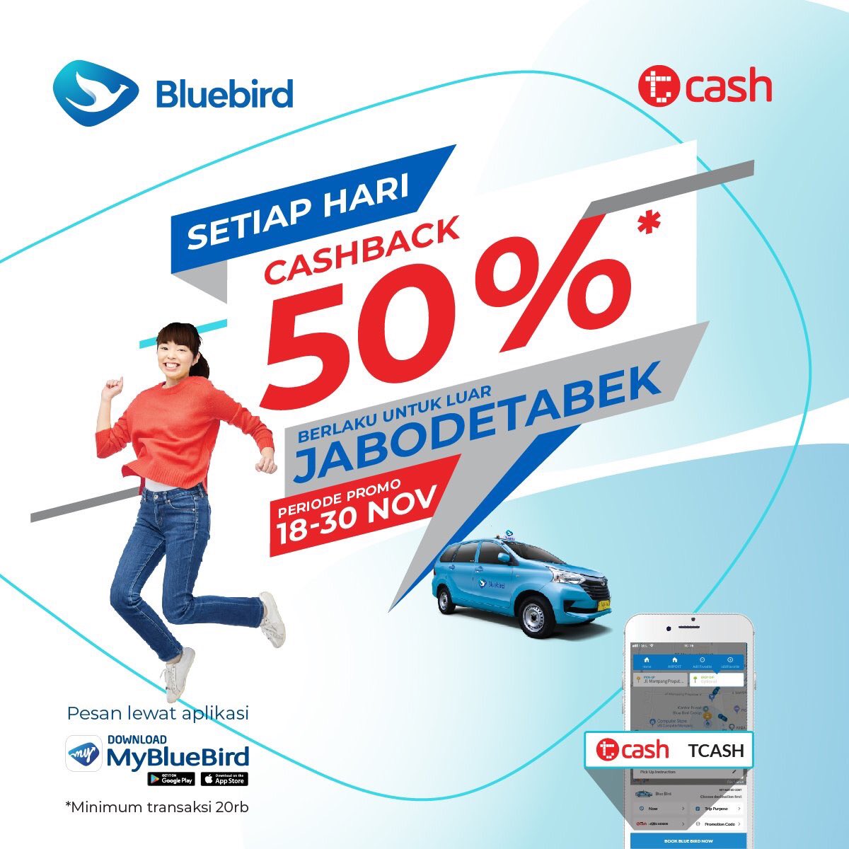 bluebirdgroup's tweet image. Setiap hari kamu bisa menikmati penawaran spesial cashback 50% dari Bluebird. Pesan taksinya lewat aplikasi My Bluebird dan lakukan pembayaran #pakeTCASH. Jangan sampai ketinggalan ya karena promo ini hanya berlangsung 13 hari saja dan berlaku untuk semua operator loh!